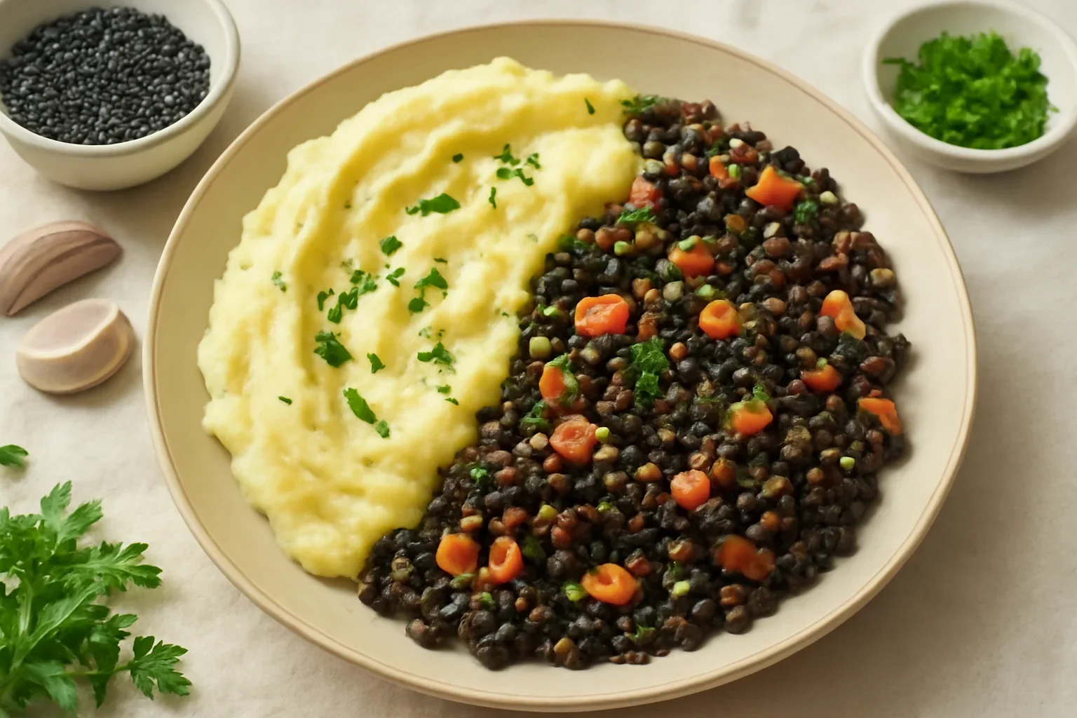 Linte cu ierburi aromate și piure de cartofi