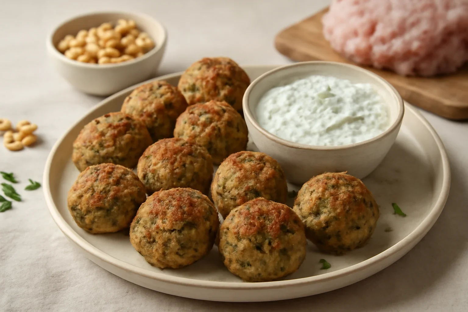 Chifteluțe de năut cu carne de curcan și tzatziki