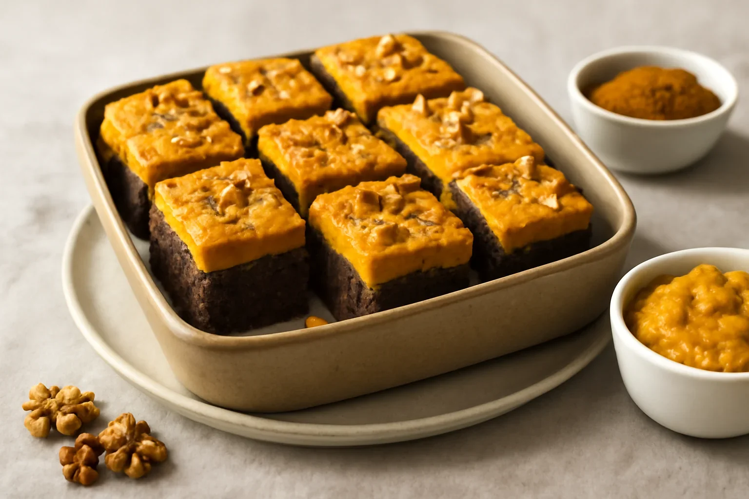 Negresă cu dovleac, ciocolată și nucă – rețeta de Pumpkin Brownie în 2 culori
