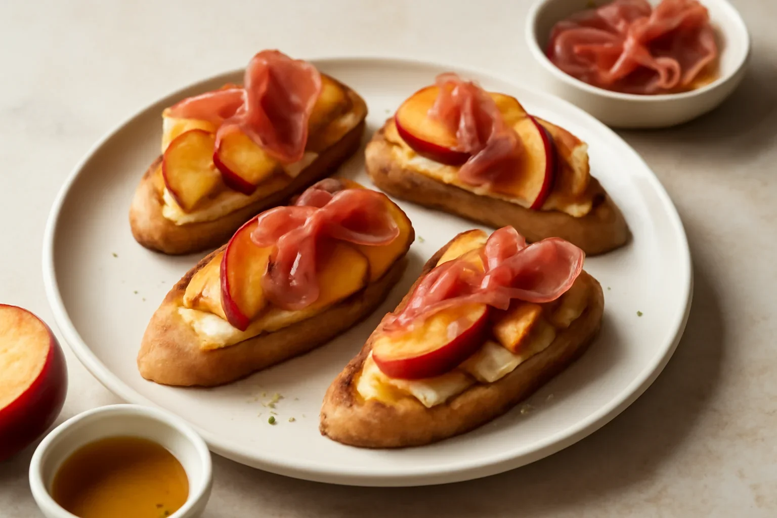 Bruschete cu branza brie, prosciutto si nectarine