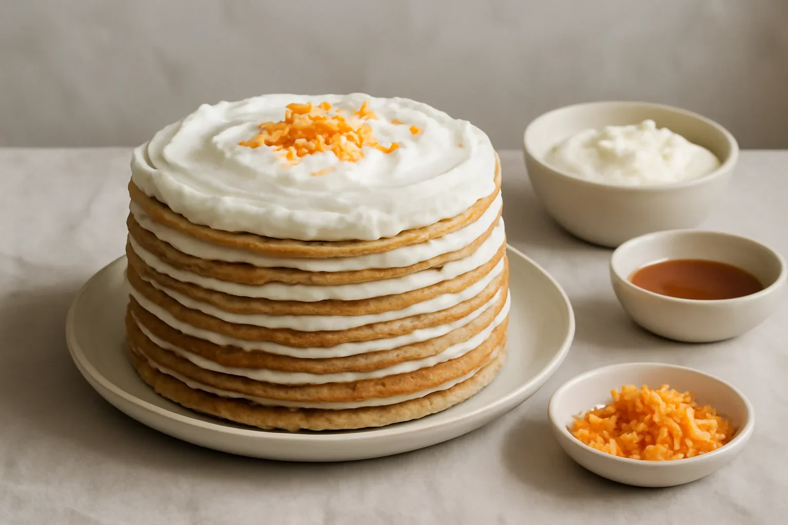 Tort Dobos din pancakes cu morcov si crema de branza