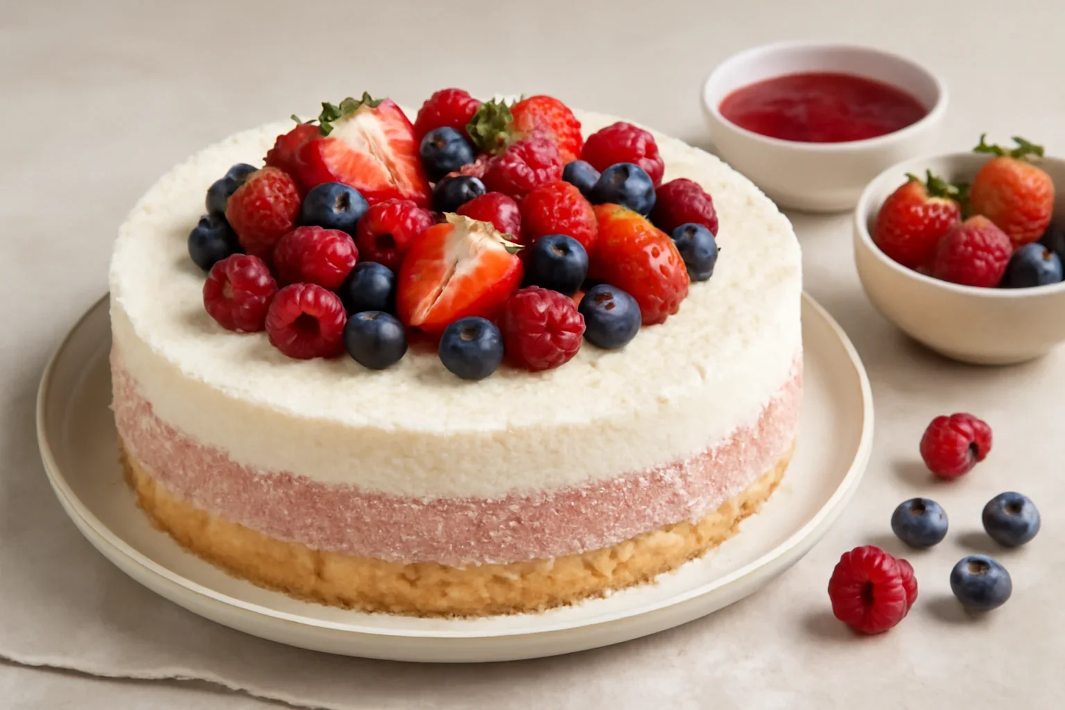 Tort cu mascarpone, lapte condensat și fructe: căpșuni, zmeură, afine – fără coacere