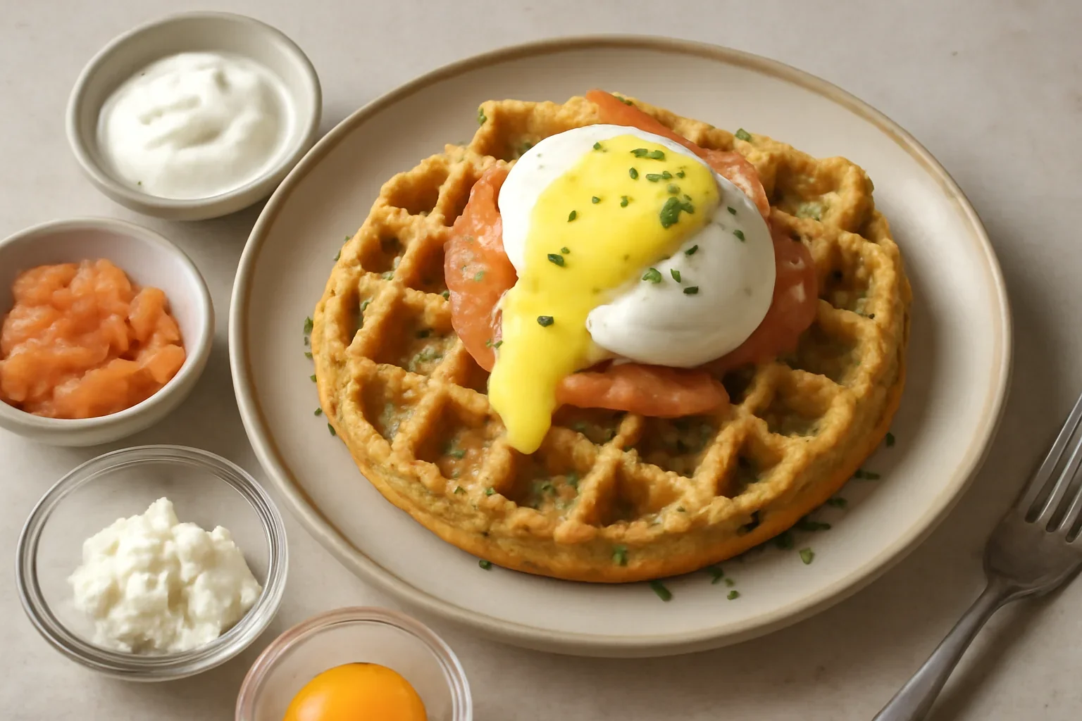 Waffles cu somon afumat, ou poșat și sos olandez