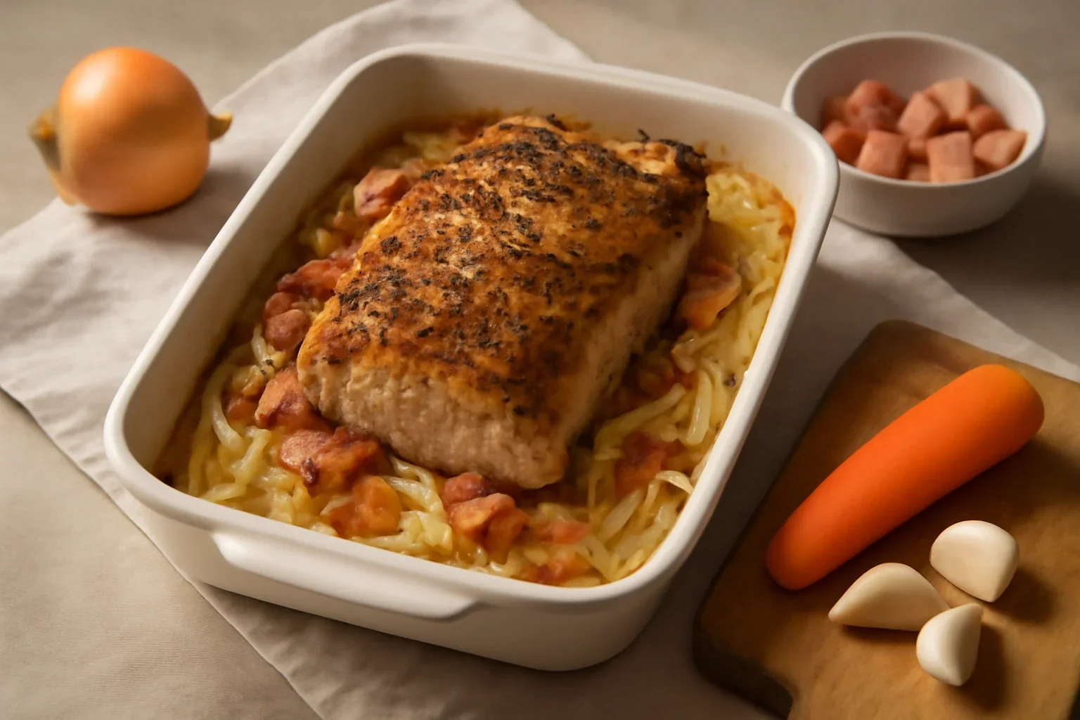 Cotlet de porc cu ceapa si afumatura, la cuptor, reteta veche
