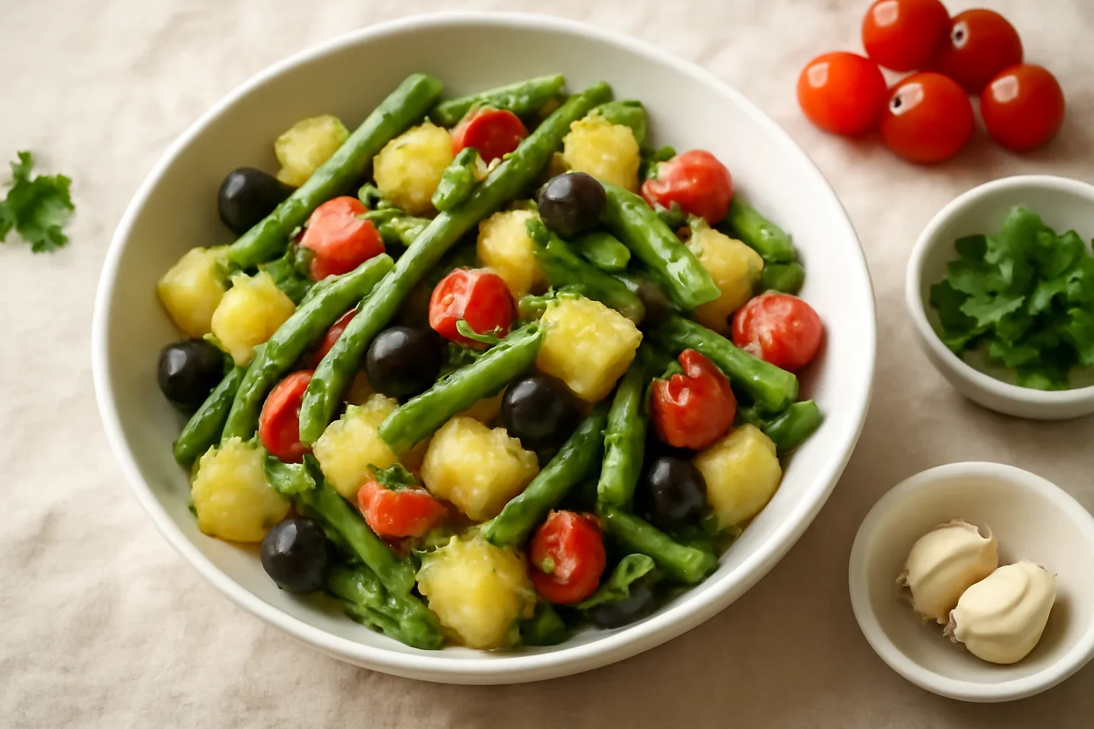 Salata de cartofi cu fasole verde si rosii cherry