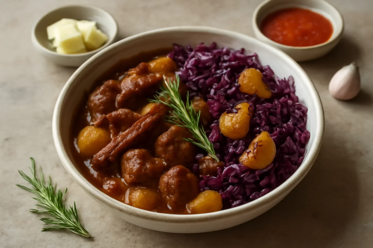 Tocană de vită și salată caldă de varză roşie şi gutui