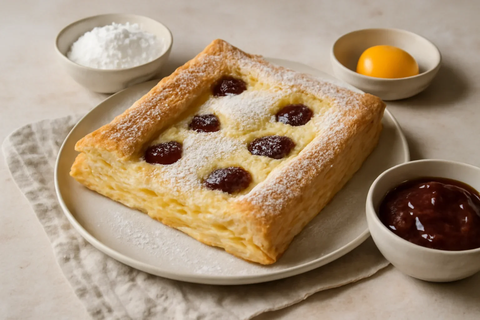 Aluat foietaj cu crema de vanilie si gem de cirese