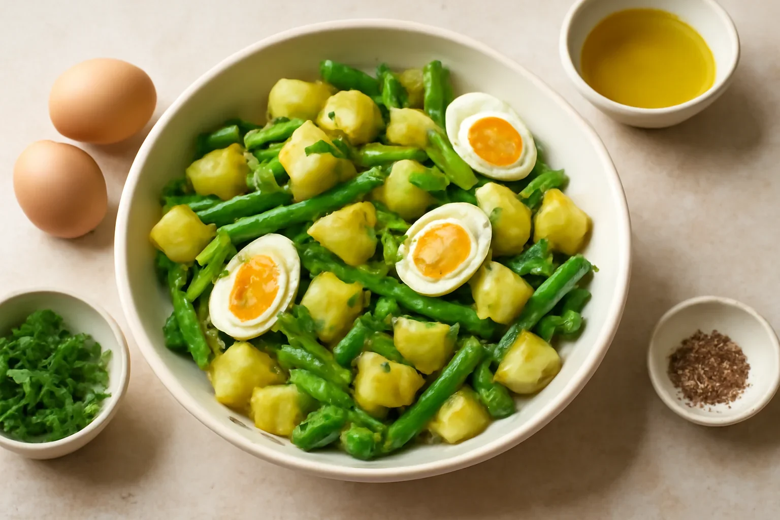 Salata cu cartofi, fasole pastai si oua
