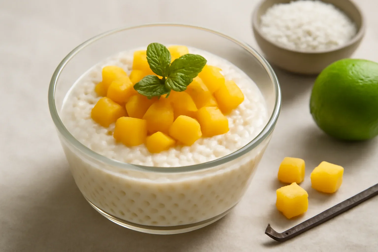 Budinca de tapioca cu lapte de cocos, mango si limeta