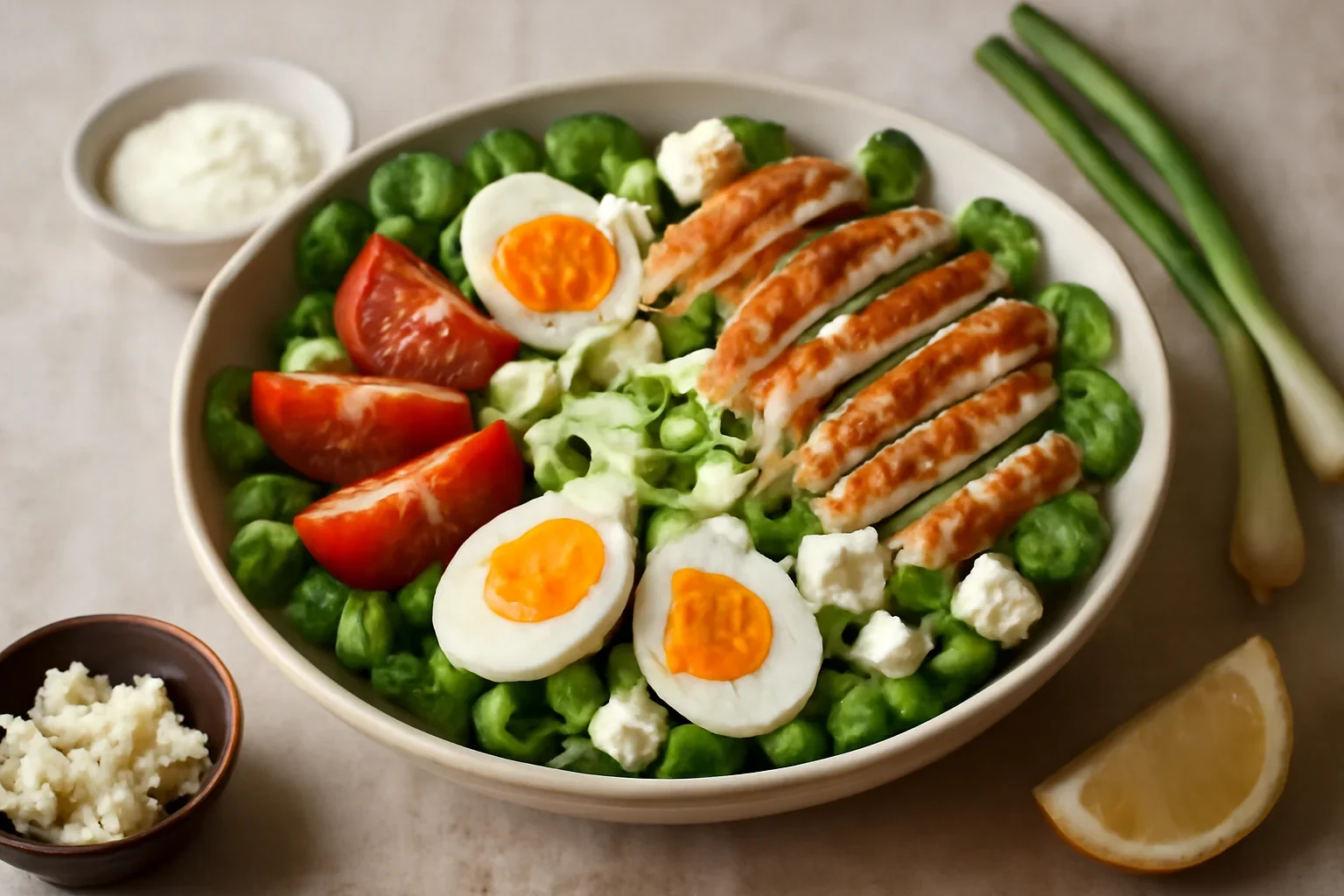 Salata de iarna cu pui la gratar, branza, oua fierte si legume