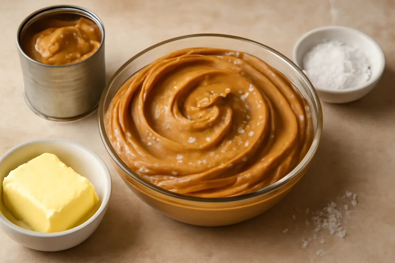 Cremă caramel din lapte condensat (dulce de leche) cu sare, din 2 ingrediente – fără ouă