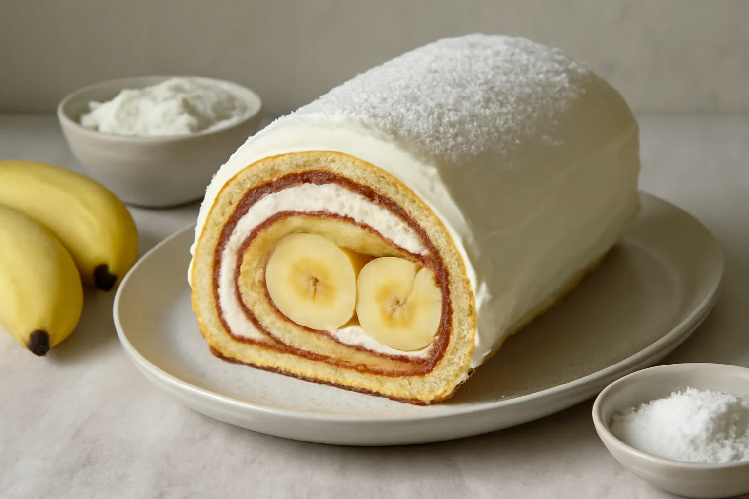 Tort din rulada cu gem si banane, sau Banana roll cake
