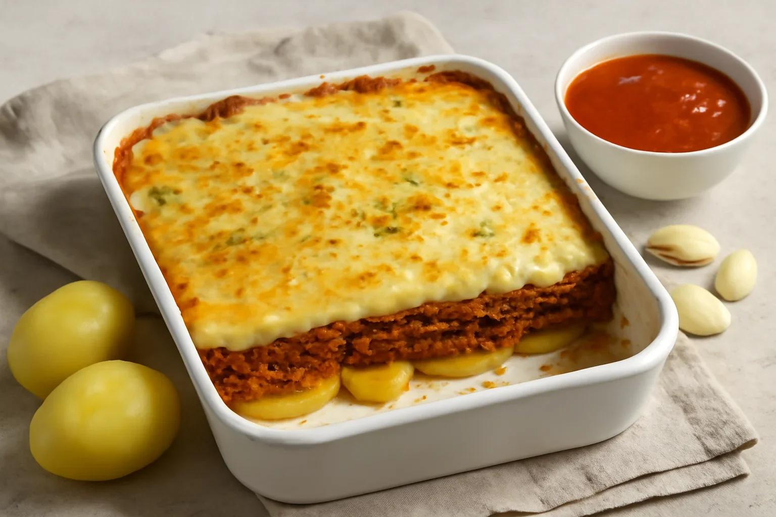 Musaca de cartofi cu carne tocata si sos de rosii reteta simpla
