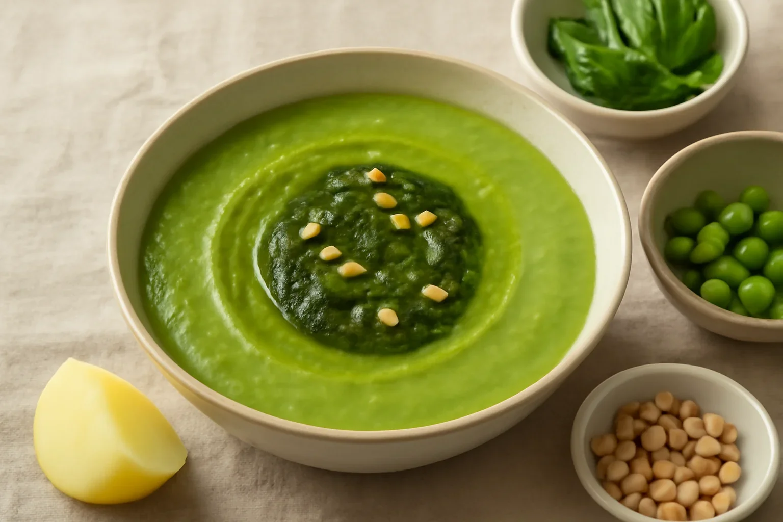 Cremă de mazăre cu pesto de busuioc