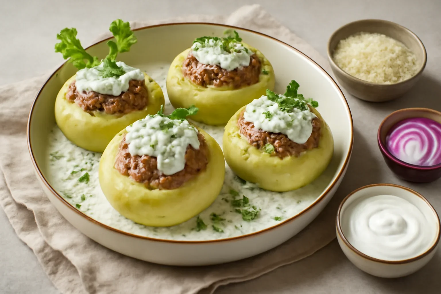 Gulii umplute cu carne tocata si sos de smantana cu marar