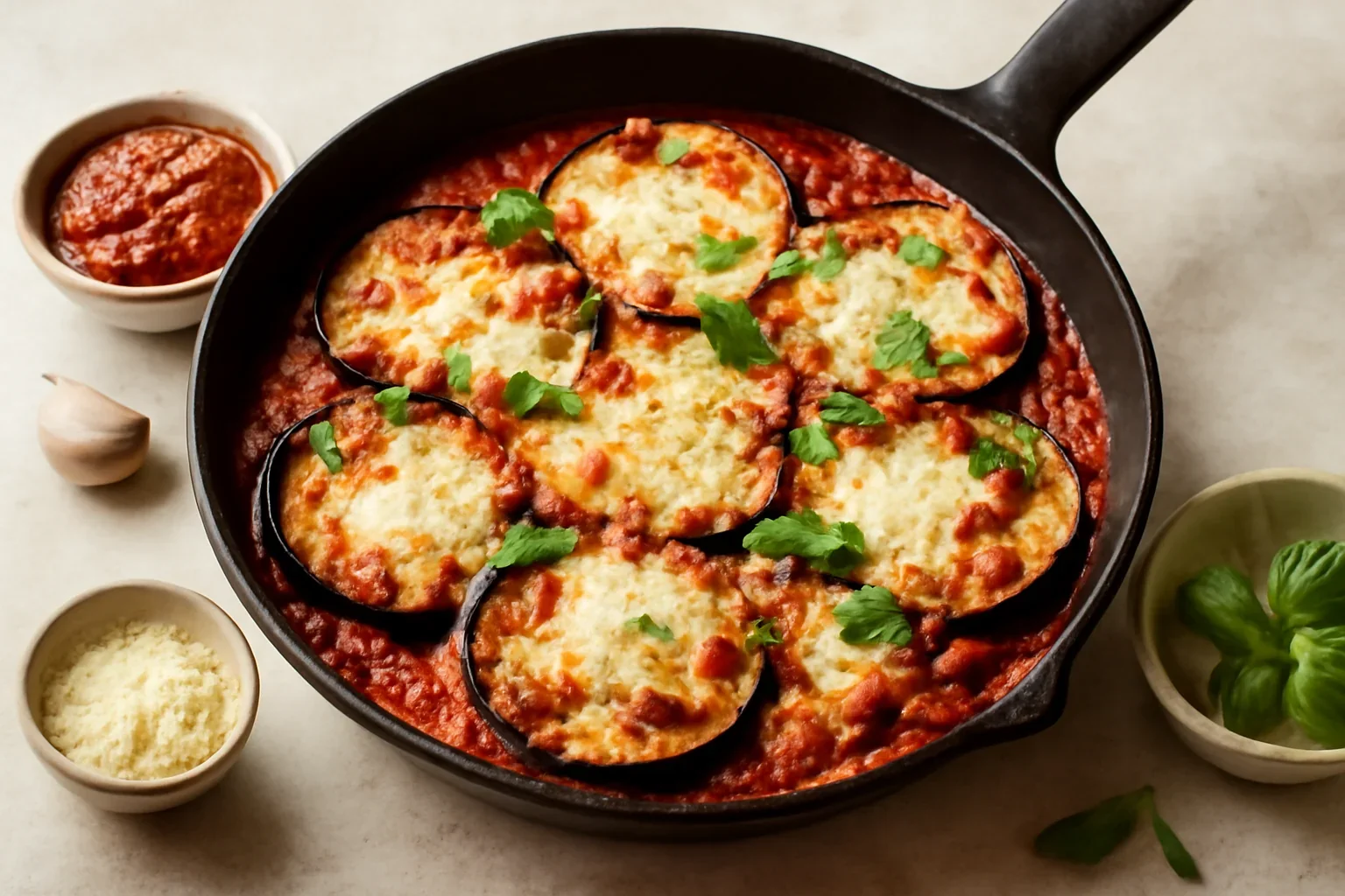 Vinete alla pizzaiola, la tigaie – rețeta italiană de mâncare cu sos de roșii, mozzarella și parmezan