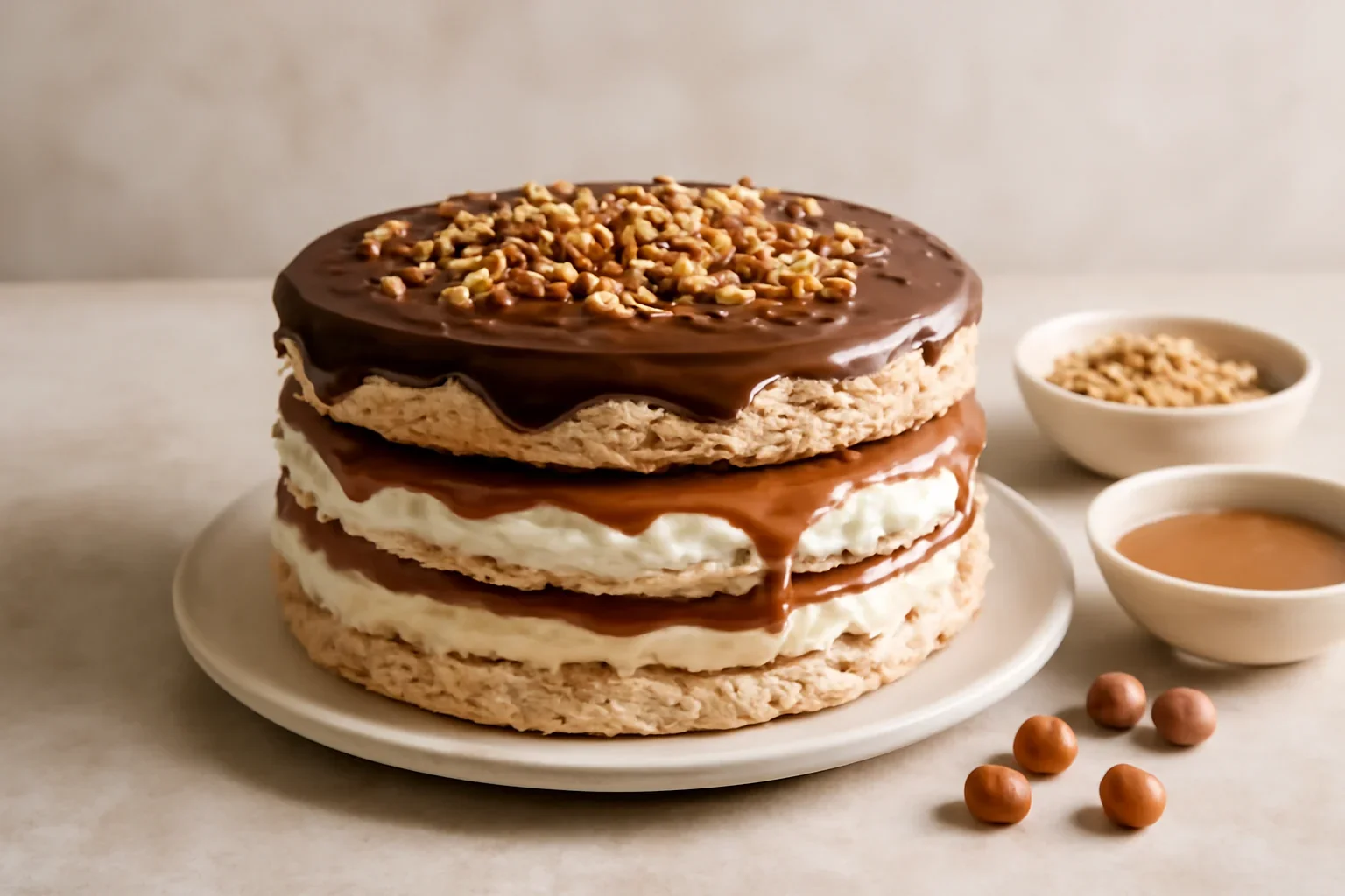 Tort cu blat din bezea si alune, caramel si ciocolata