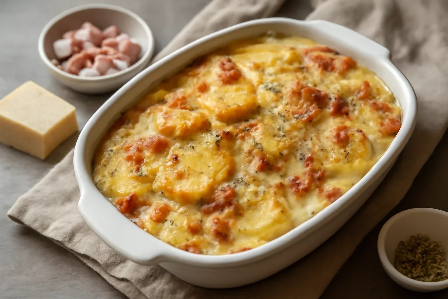 Cartofi gratinati cu sunca si sos alb cu smantana – reteta italiana de sformato di patate
