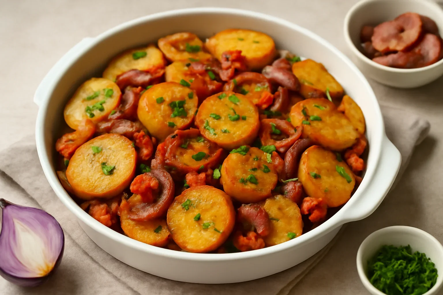 Cartofi cu ceapa rosie, boia si bacon