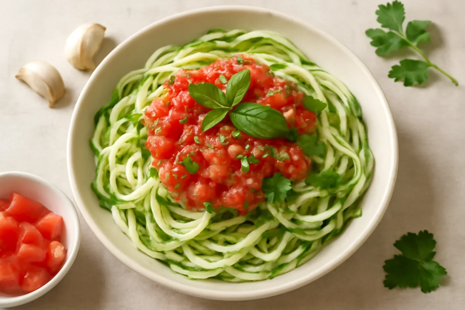 Spaghete din dovlecei, cu sos de rosii fara fierbere