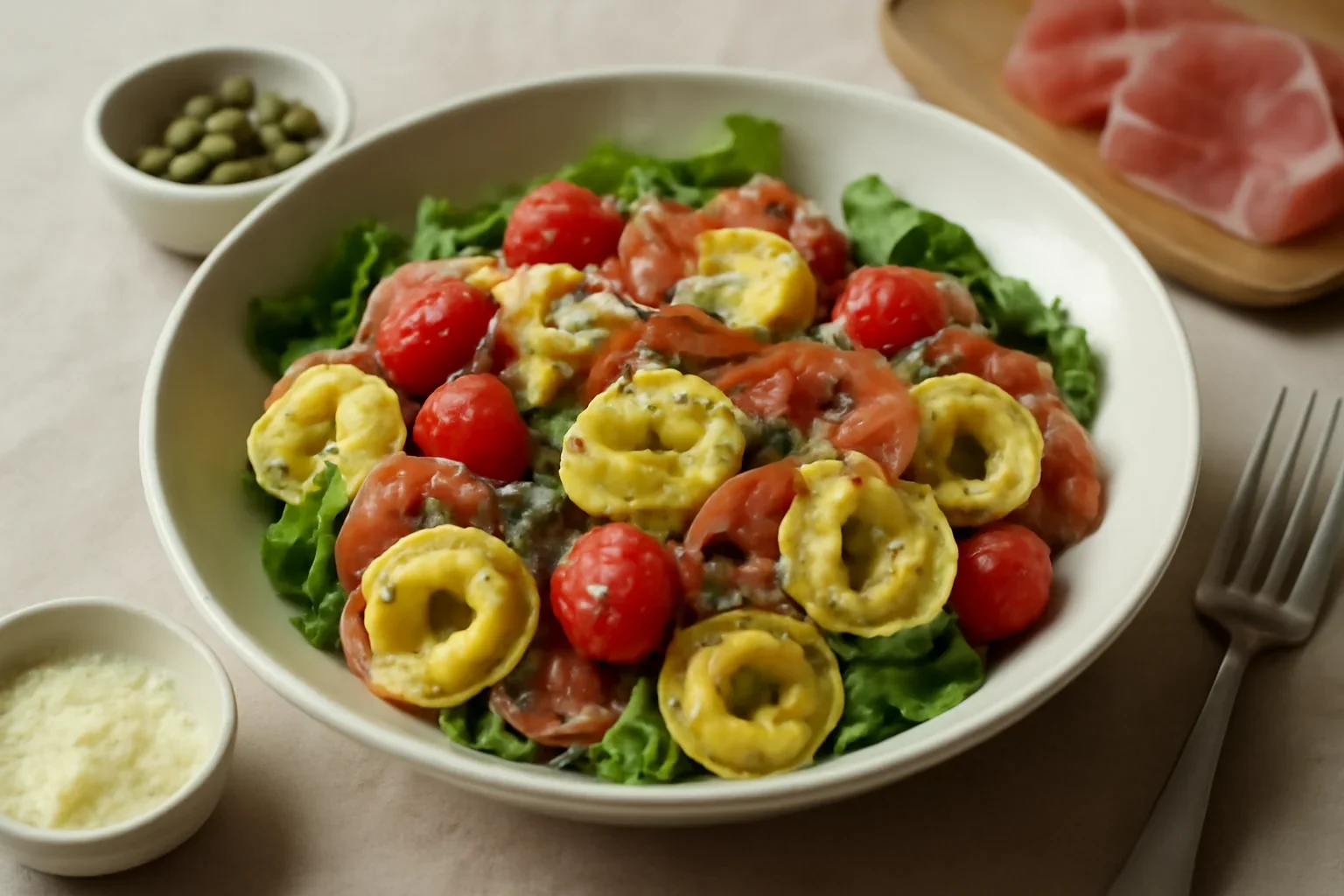 Tortellini cu prosciutto si rosii cherry