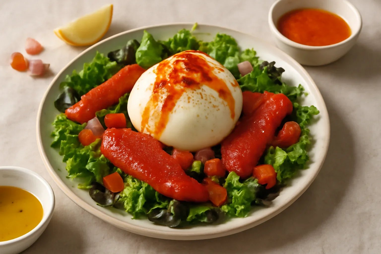 Salată cu burrata și dressing de ardei copt