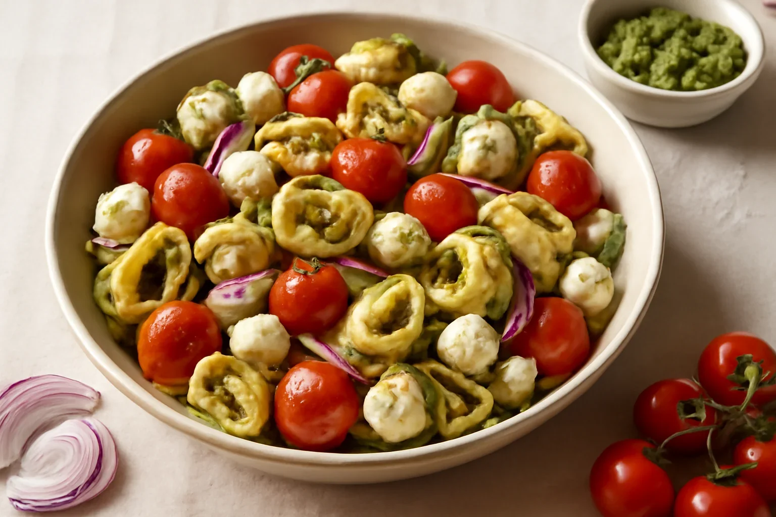 Salata de paste tortellini cu pesto, rosii cherry si mozzarella