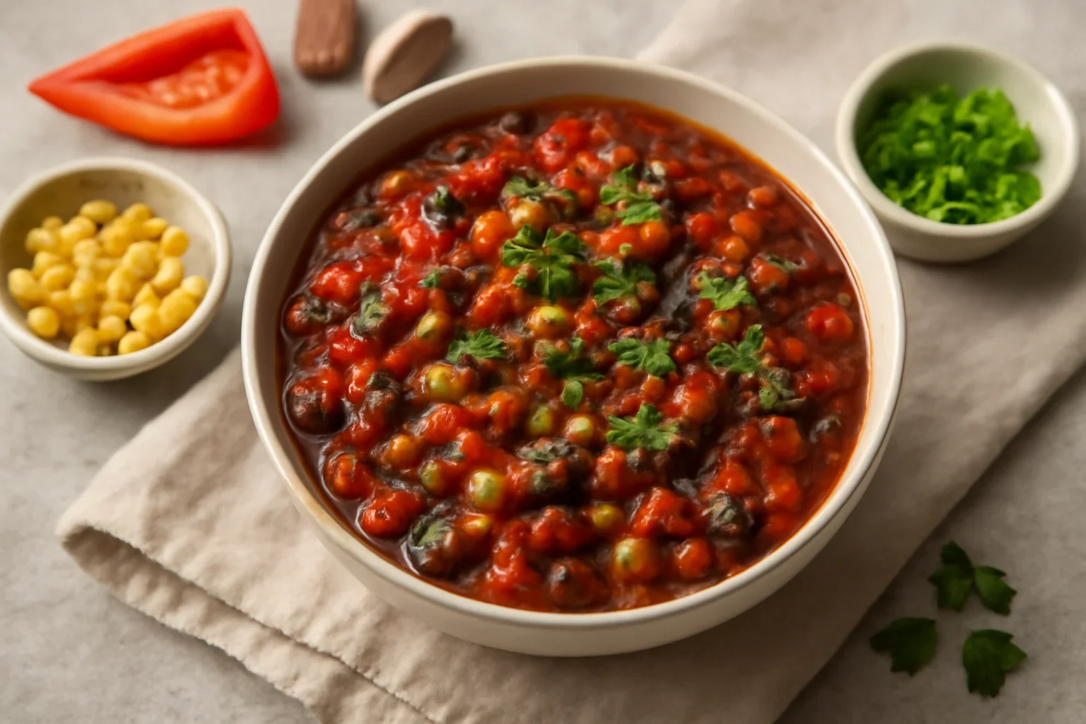 Chili vegan fără carne – mâncare de post cu fasole boabe și legume mexicane cu sos de roșii și usturoi