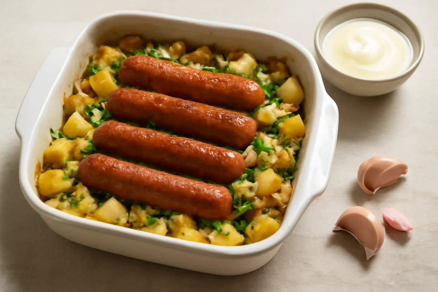 Carnati vegetarieni Beyond Sausage cu legume la cuptor