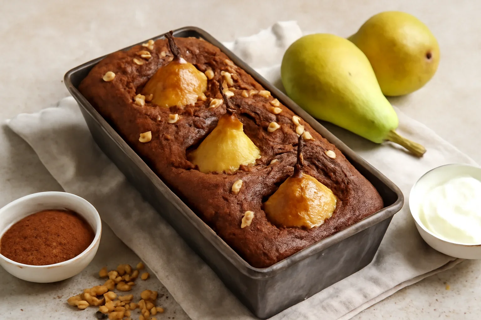 Chec cu pere si cacao, reteta de chec festiv cu fructe intregi