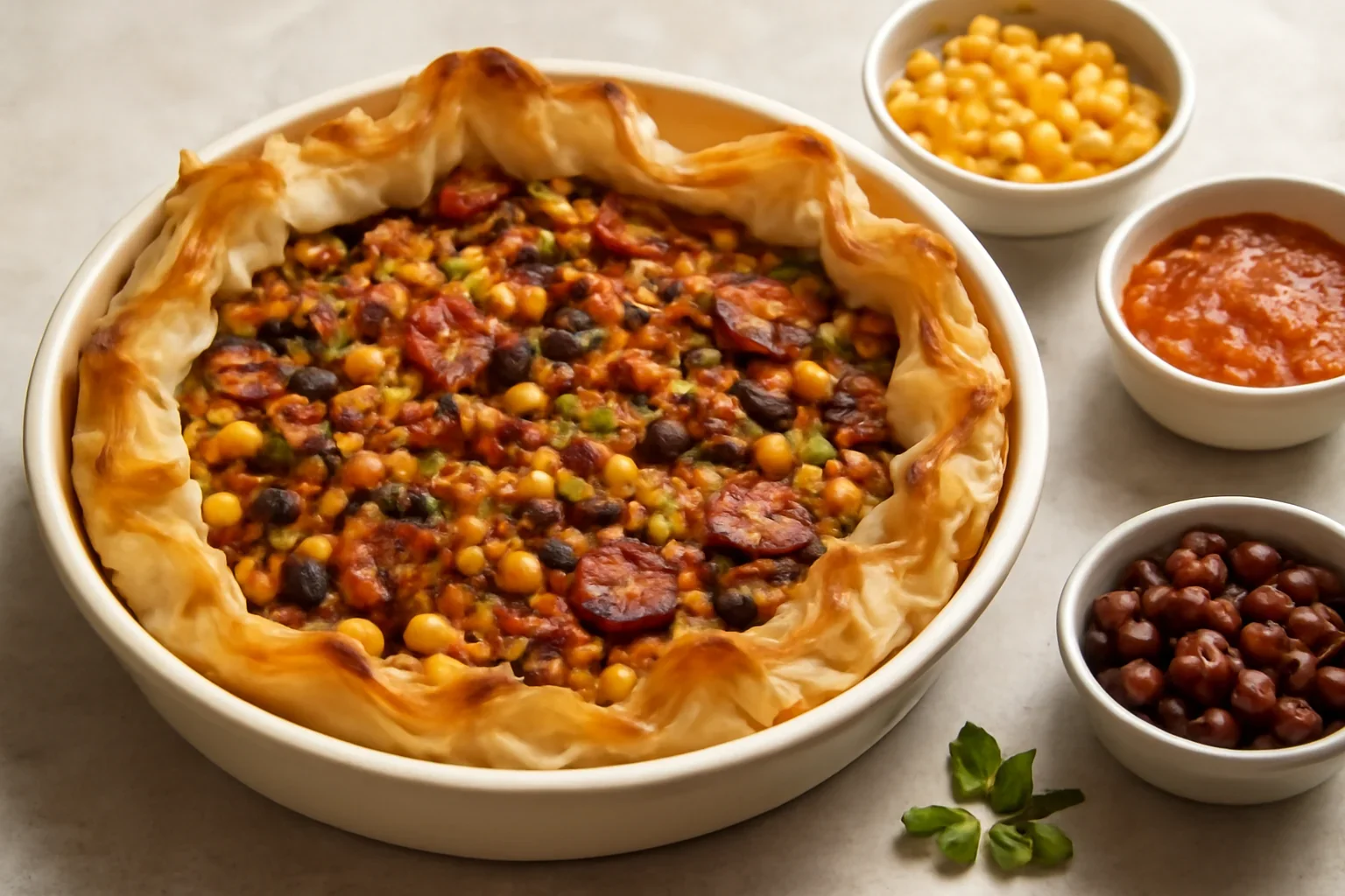 Plăcintă cu legume mexicane, cașcaval, cârnați și sos de ardei copți cu usturoi
