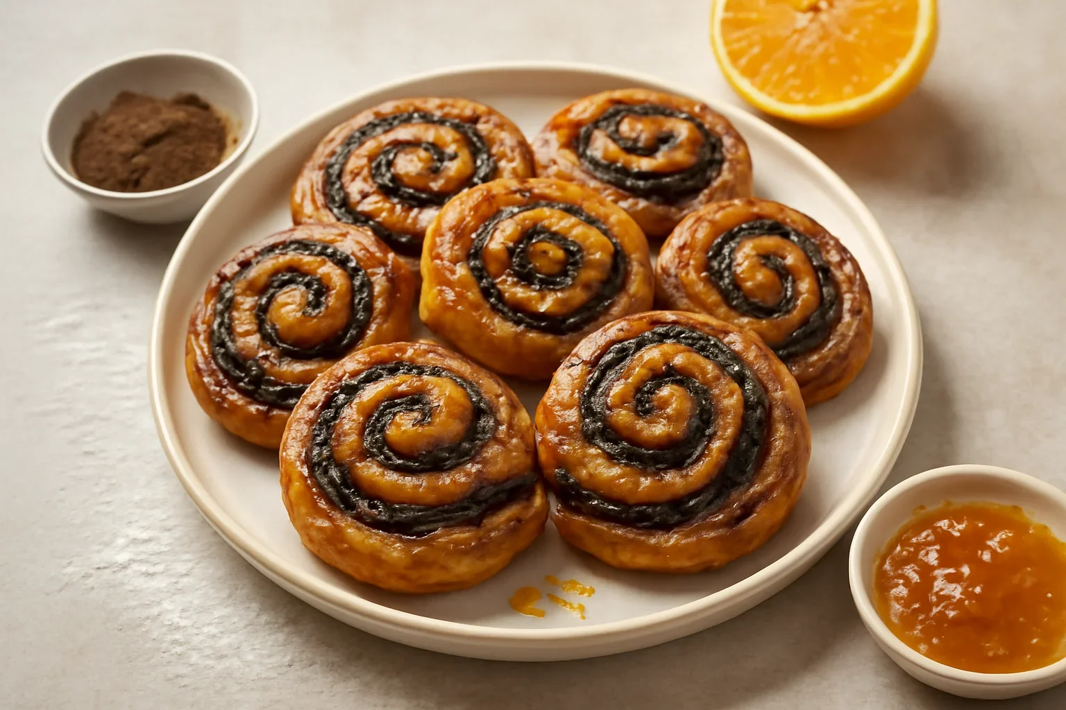 Spirale din foietaj cu cacao și glazură cu portocale – melcișori caramelizați, foietați
