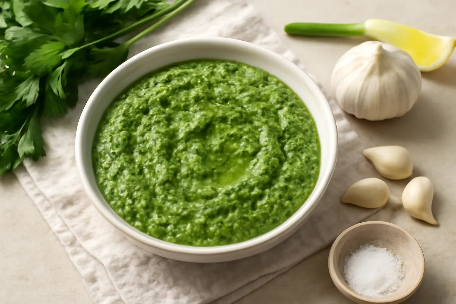 Pastă de pătrunjel verde cu usturoi – mujdei cremos pentru fripturi, legume, paste, pește