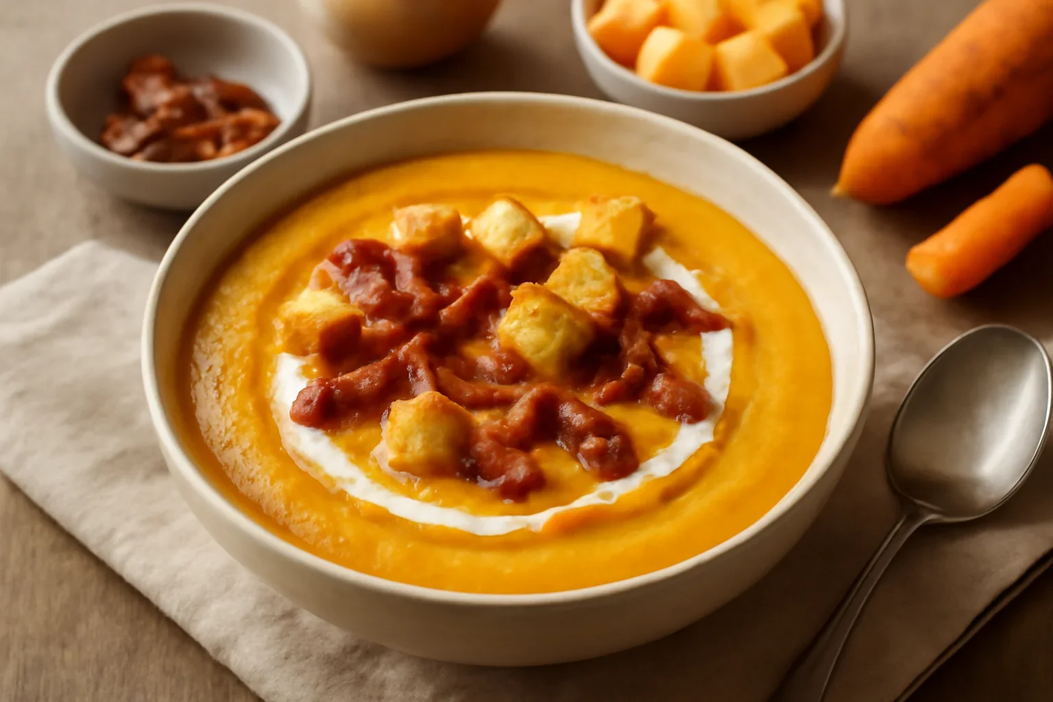 Supă cremă de cartofi dulci cu smântână, crutoane și bacon crocant