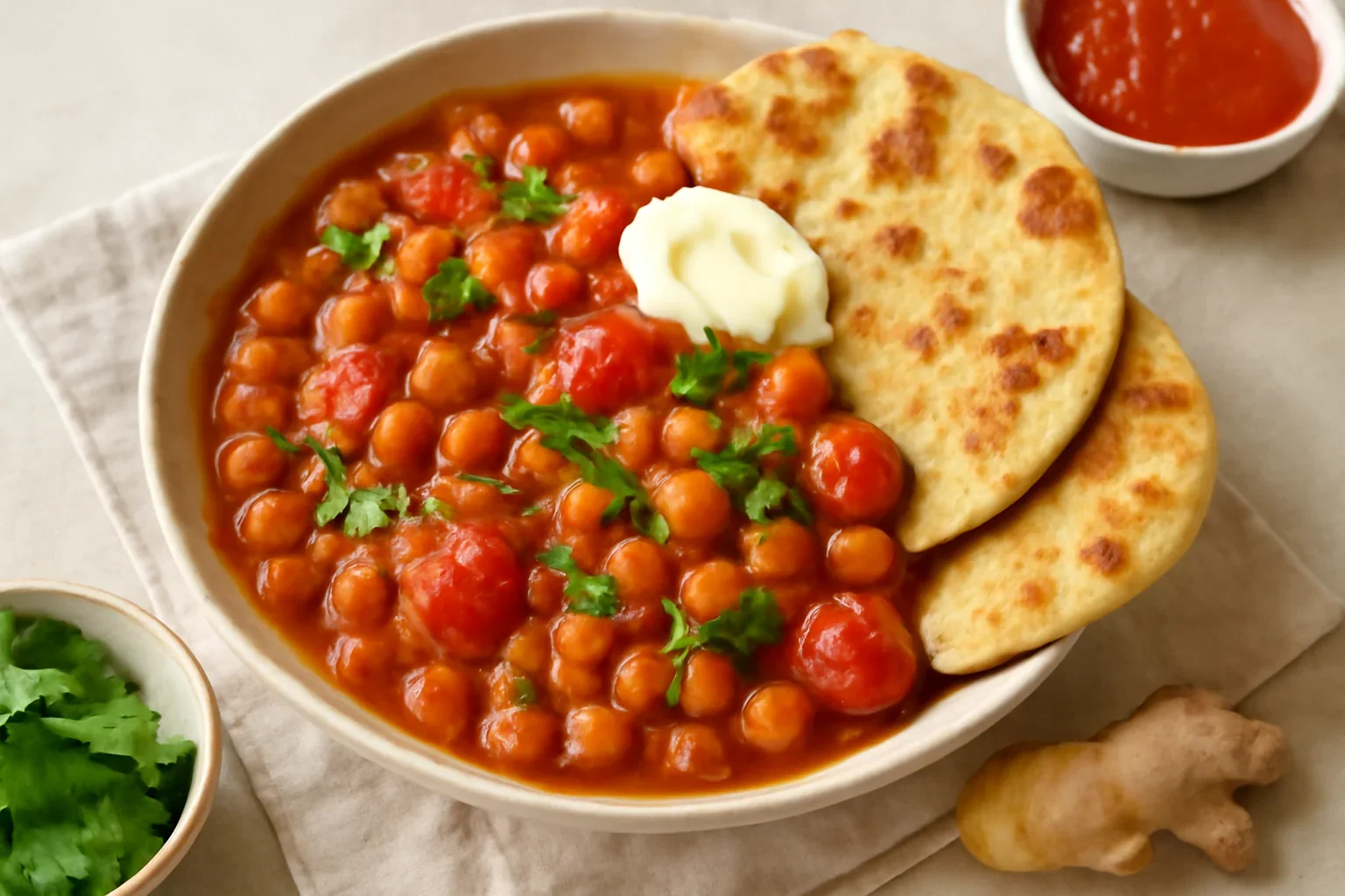 Tocană indiană de năut și roșii cu naan