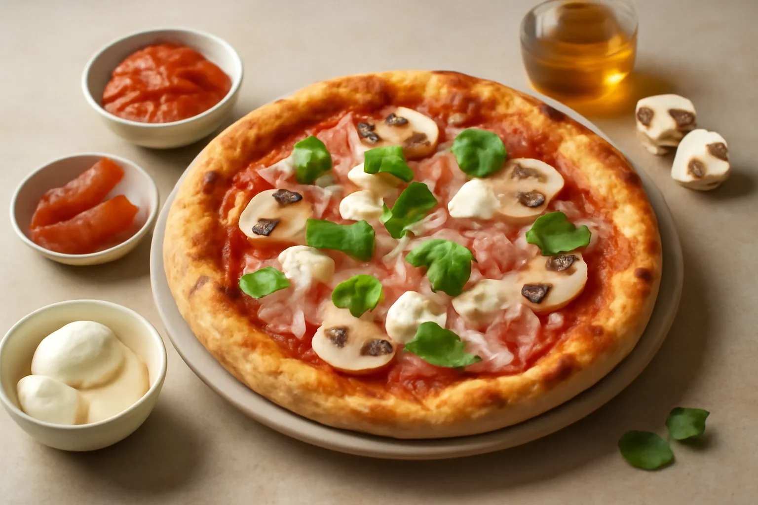 Pizza presto reteta de pizza italiana cu mozzarella, ciuperci, sunca