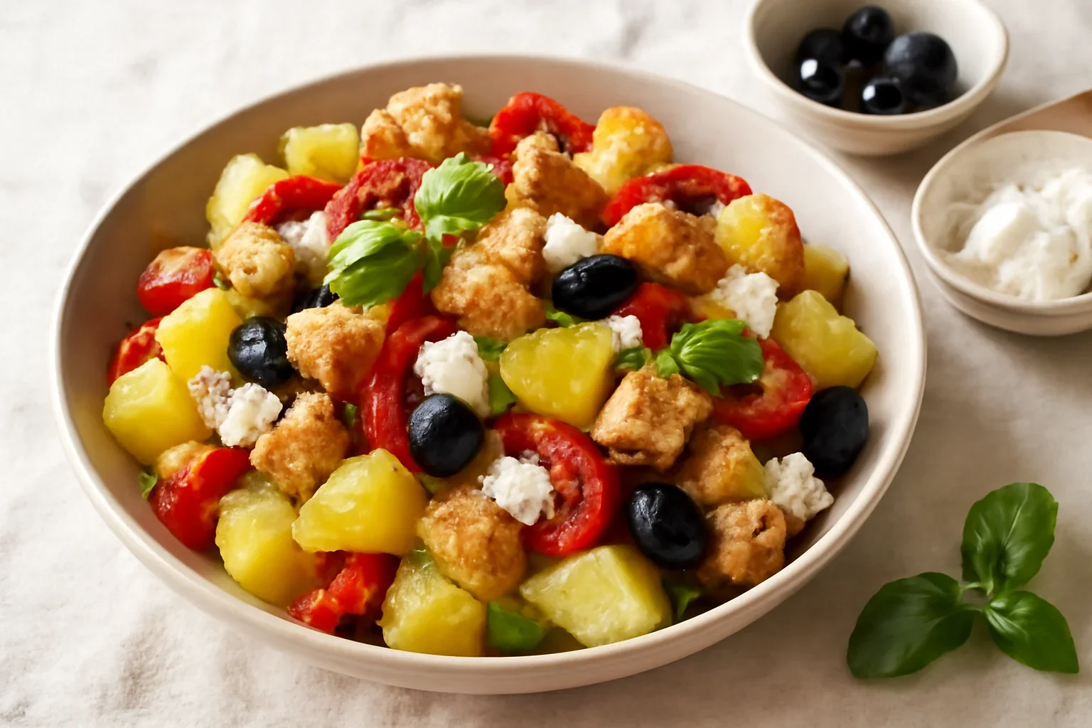 Salata de cartofi cu ardei copt, branza si crutoane