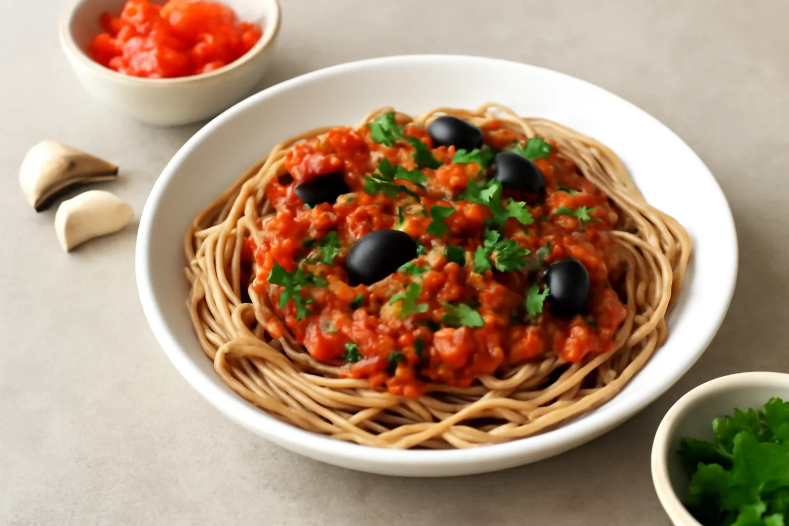 Spaghete integrale cu sos picant de linte