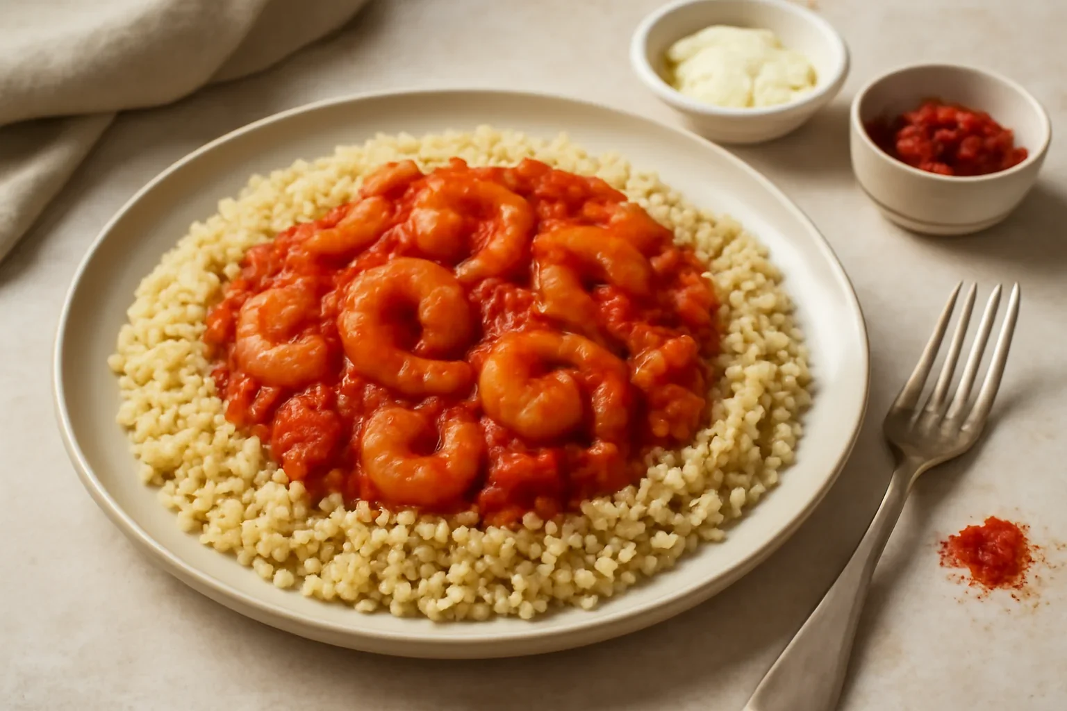 Creveți în sos dulce de chilli cu bulgur