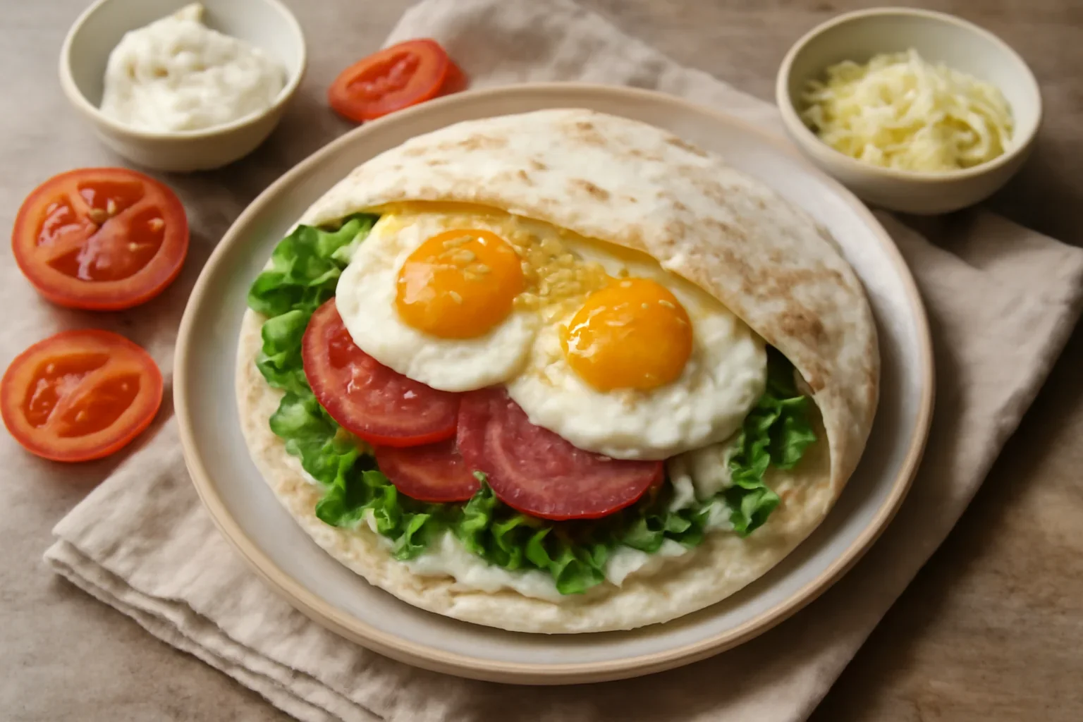 Sandviș din lipie cu ouă, cremă de brânză și salată