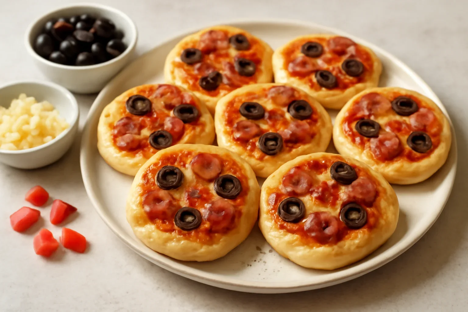 Minipizza sau pizette cu salam, ardei si masline, reteta simpla