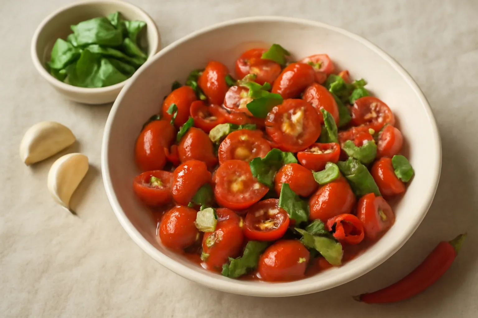 Salata picanta de rosii cherry, cu usturoi si busuioc