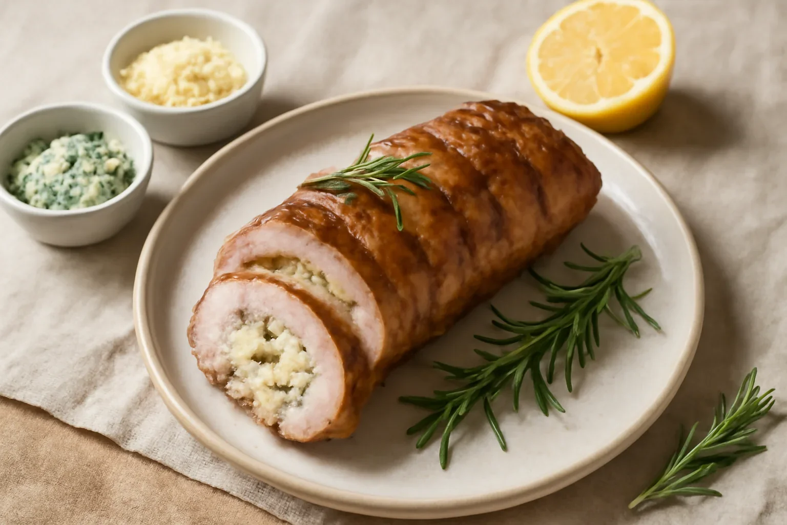 Rulada din muschiulet cu gorgonzola lamaie si rozmarin