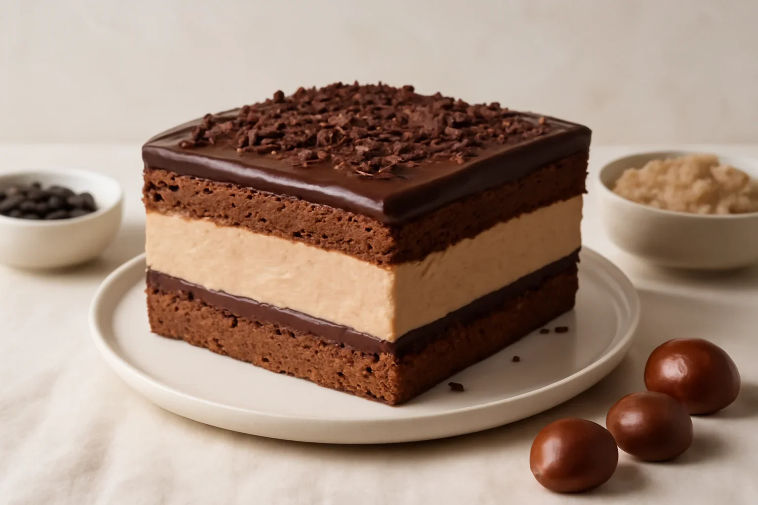 Prăjitură Maroni cu cremă de castane și ganache de ciocolată, cu foaie de bezea cu cacao