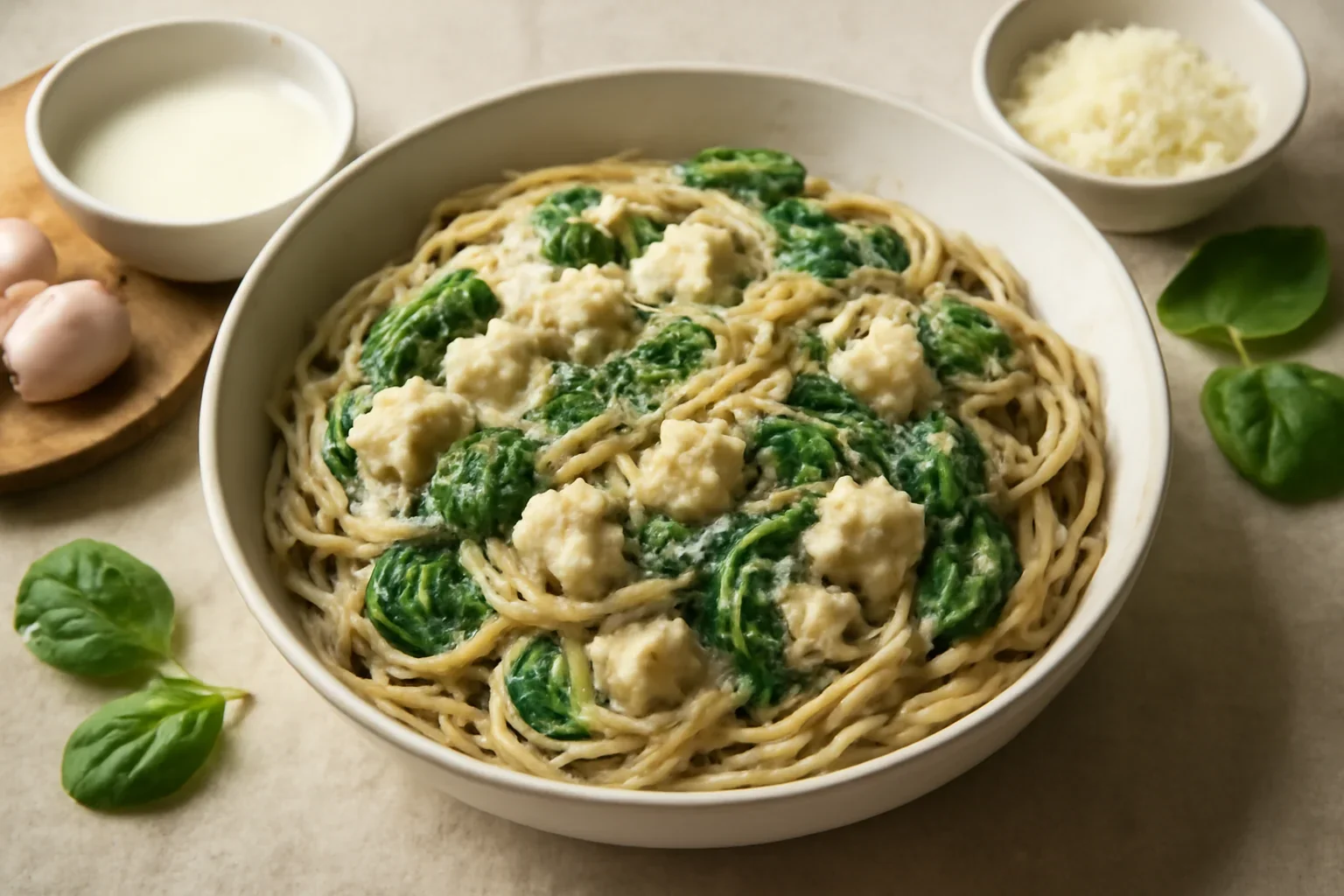 Spaghete cu spanac, brânză și carne de pui