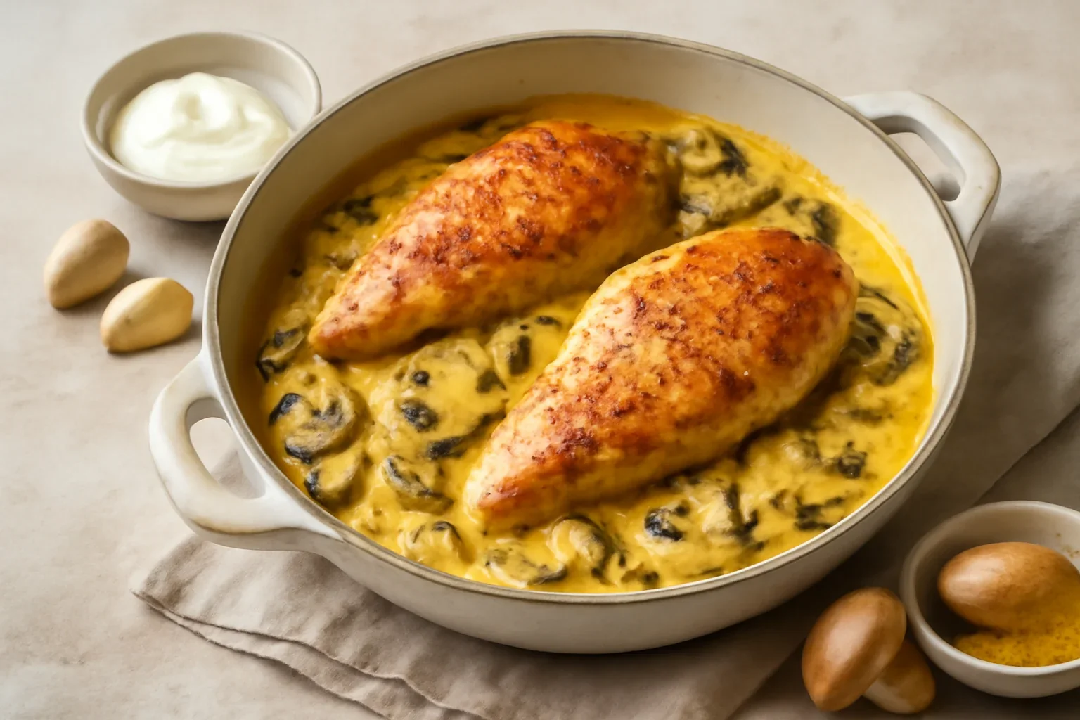 Piept de pui cu sos cremos de ciuperci și turmeric
