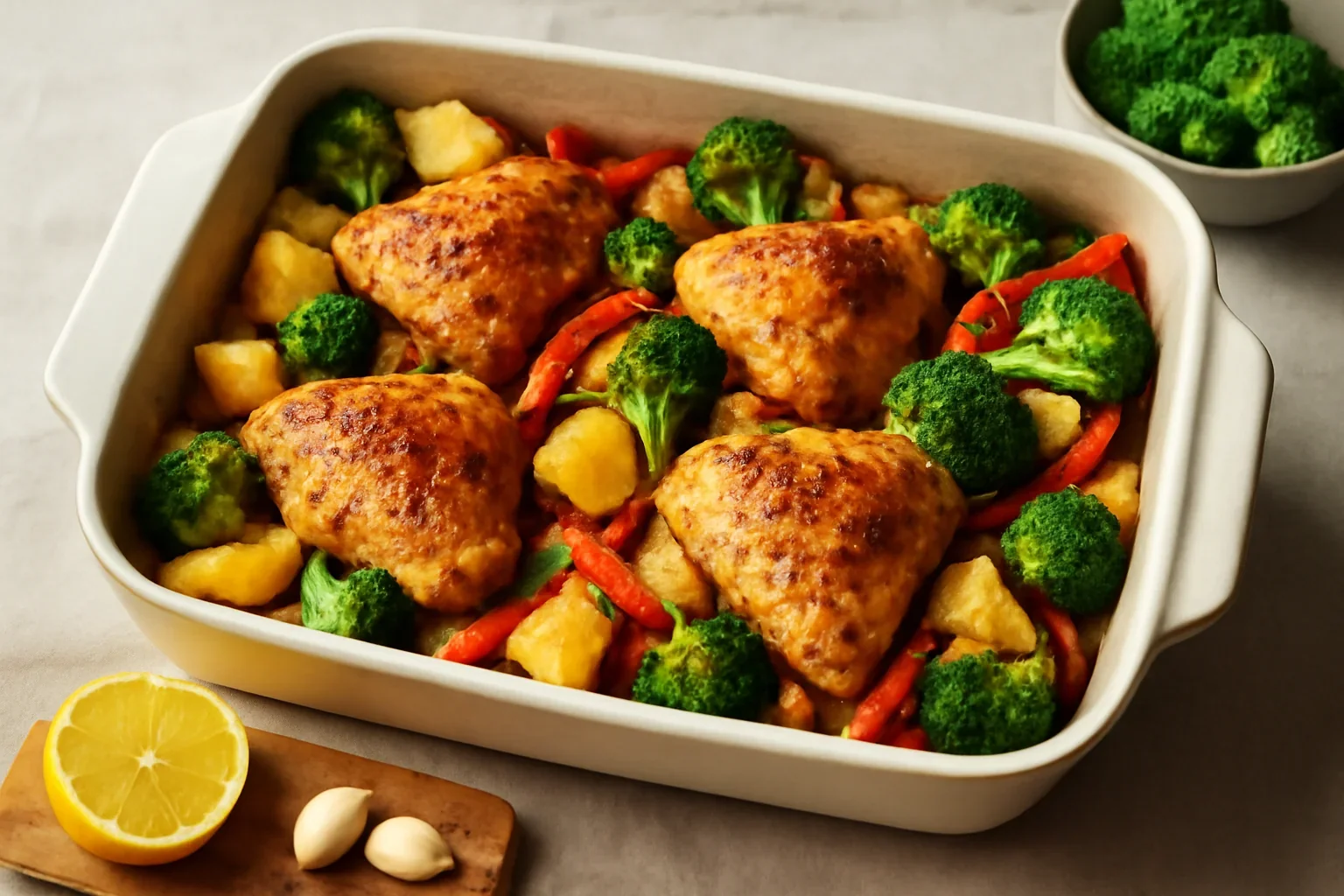 Carne de pui cu cartofi, ardei și broccoli la cuptor