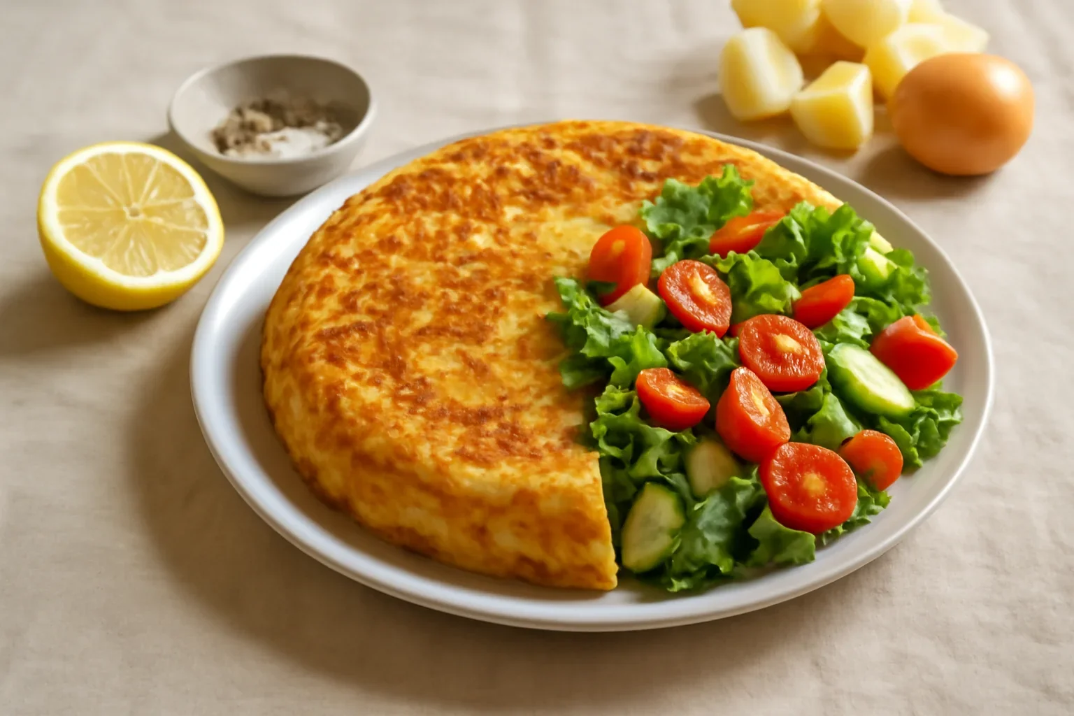 Tortilla spaniolă cu cartofi și salată