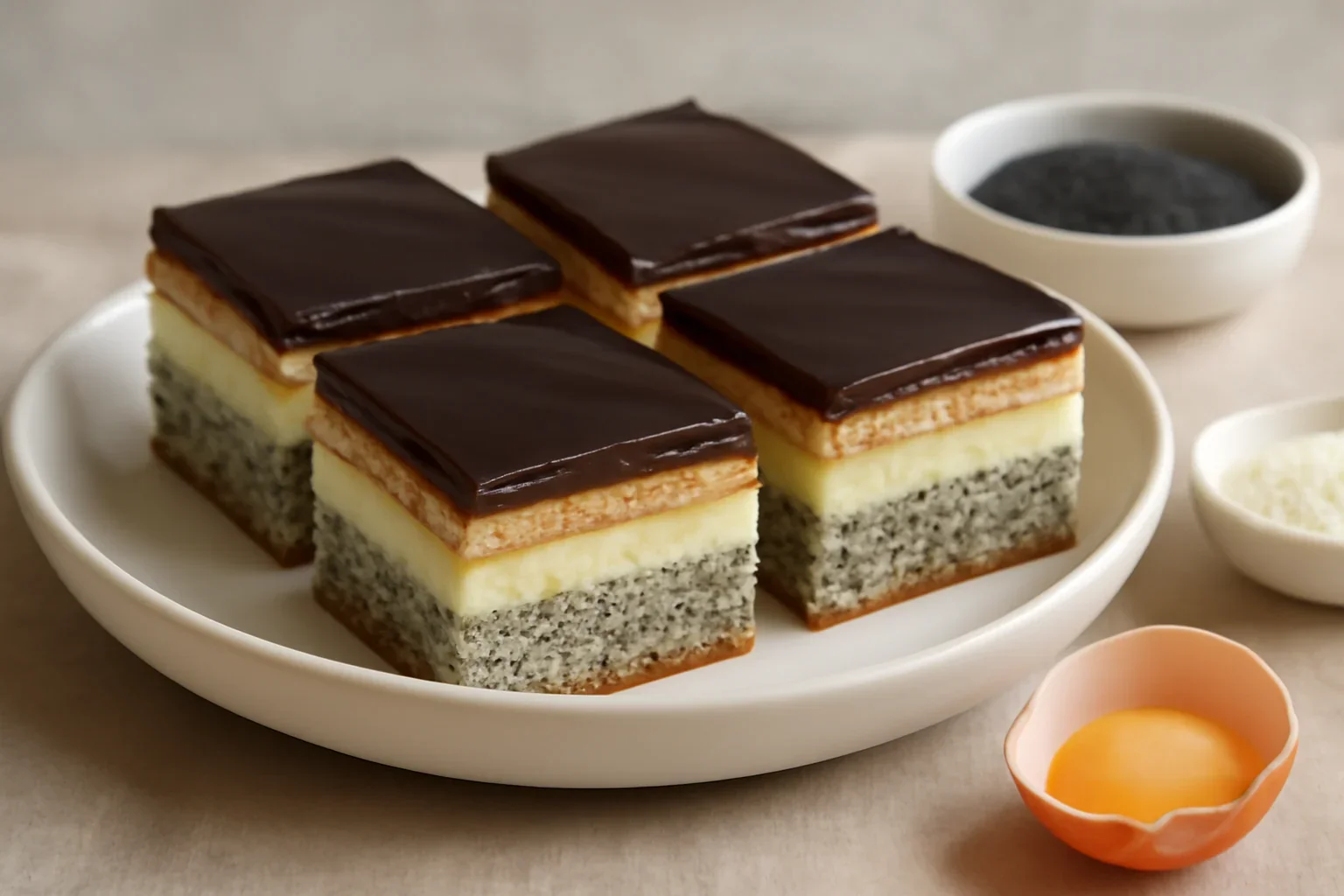Prajitura Tosca cu mac, crema de vanilie, biscuiti si ciocolata