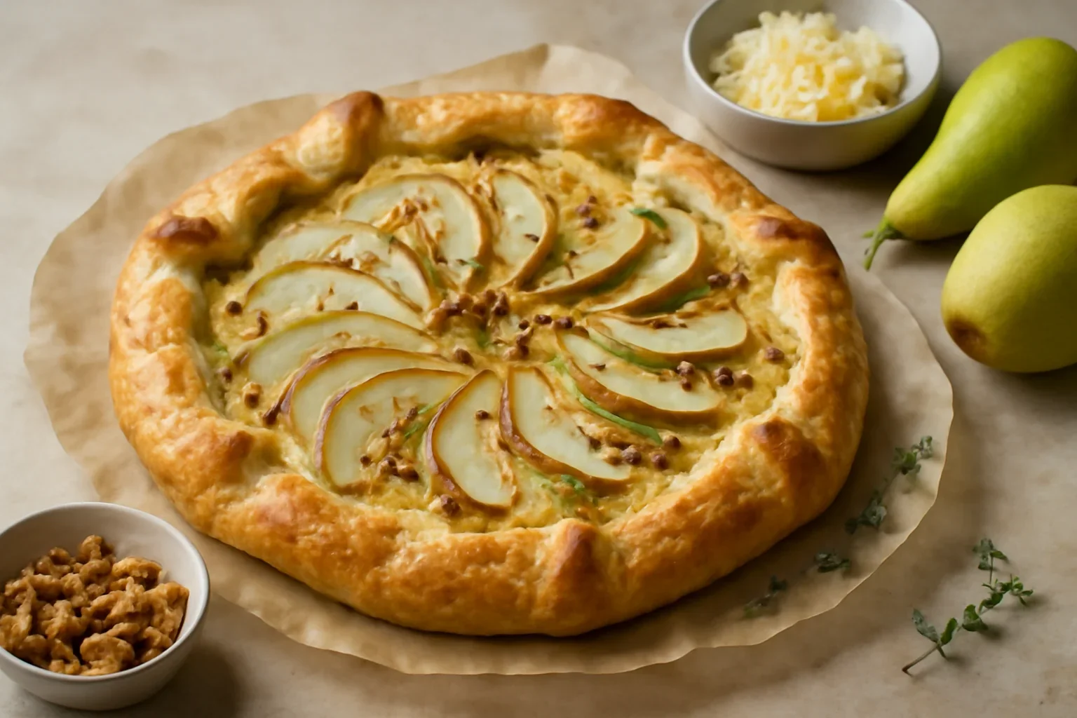 Tarta rustica din foietaj, pere si cascaval